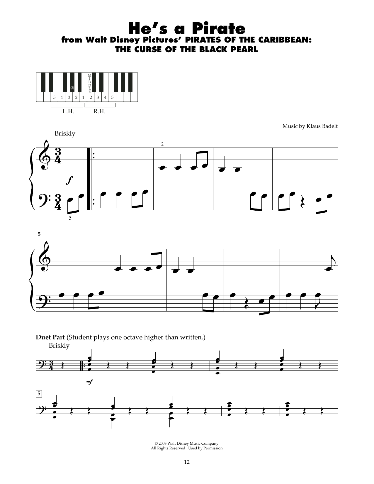 He S A Pirate From Pirates Of The Caribbean The Curse Of The Black Pearl By Hans Zimmer Sheet Music For 5 Finger Piano At Sheet Music Direct