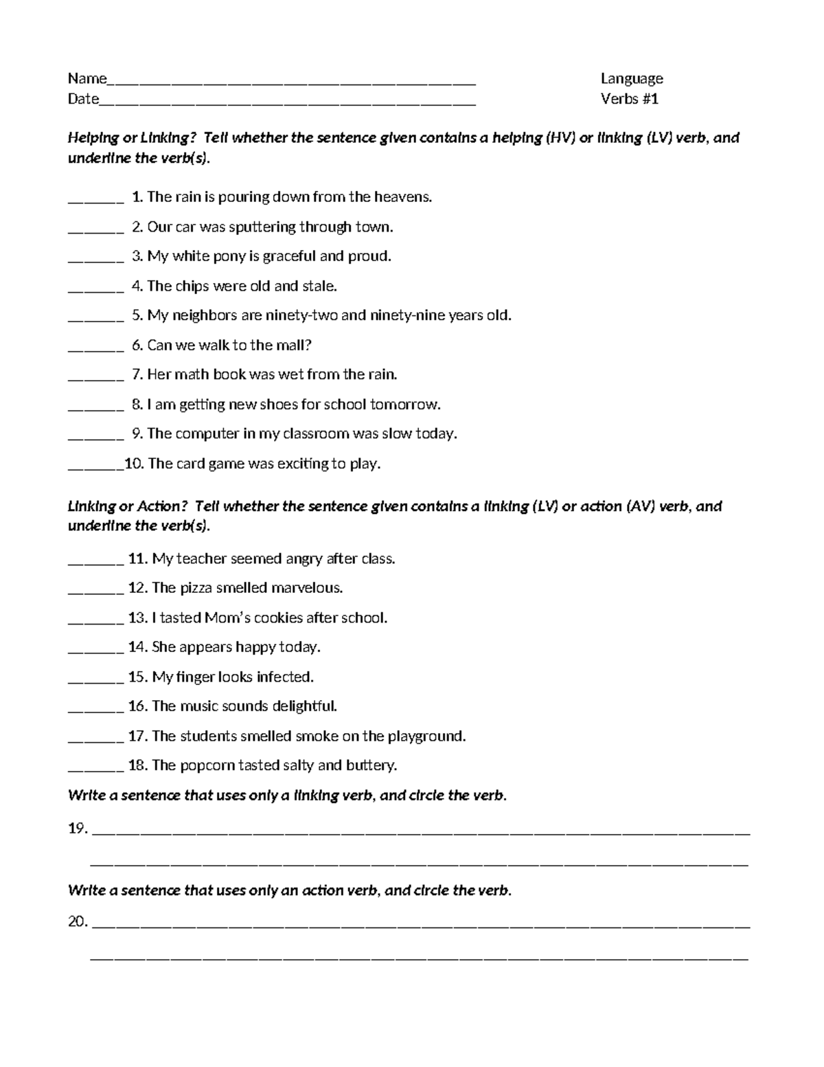 Helping And Linking Verbs Worksheet 1W Answers Studocu