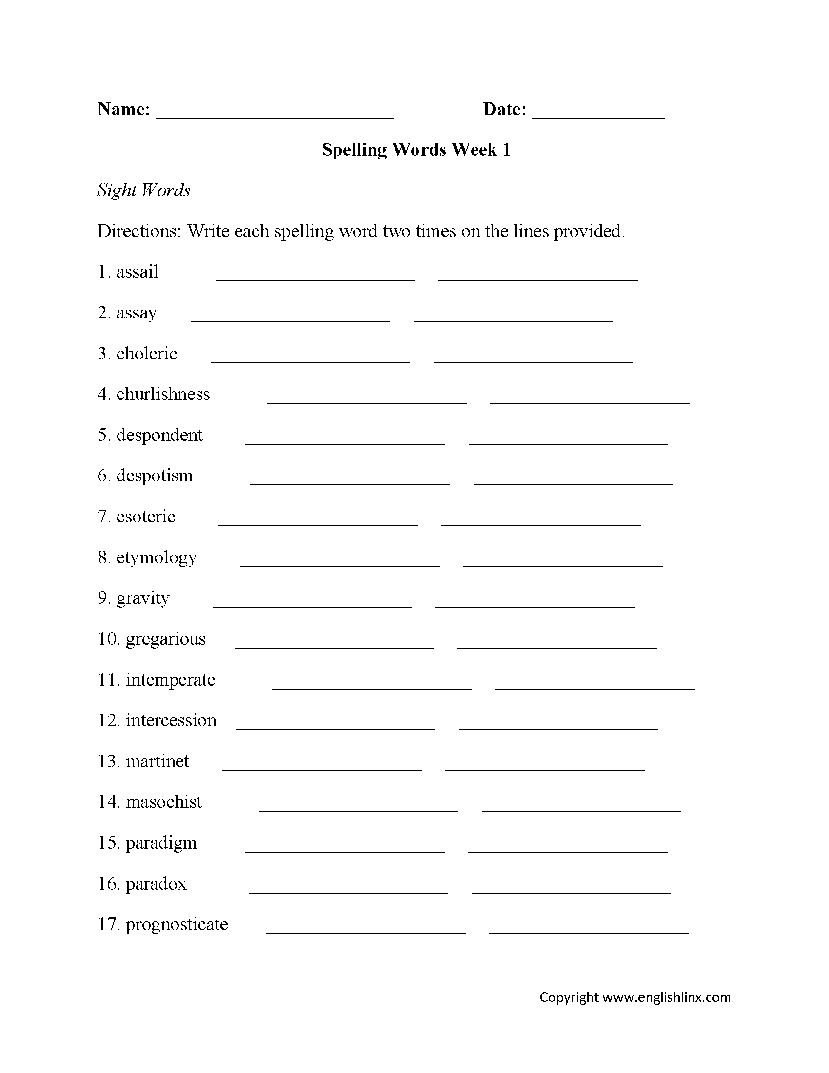 High School Spelling Worksheets Advanced Spelling Word Practice