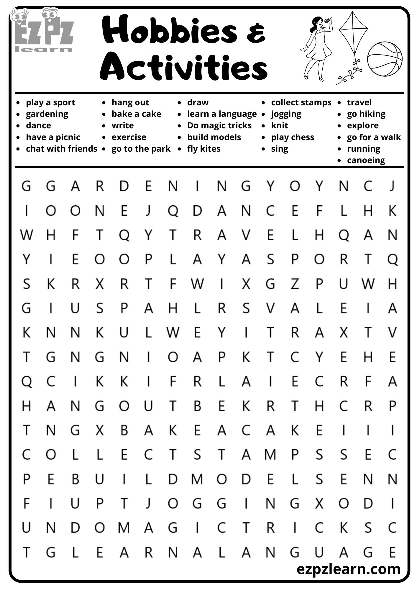 Hobbies And Free Time Activities Vocabulary Word Search For Kids And ESL Students Free Printable PDF Download 26 Words Ezpzlearn
