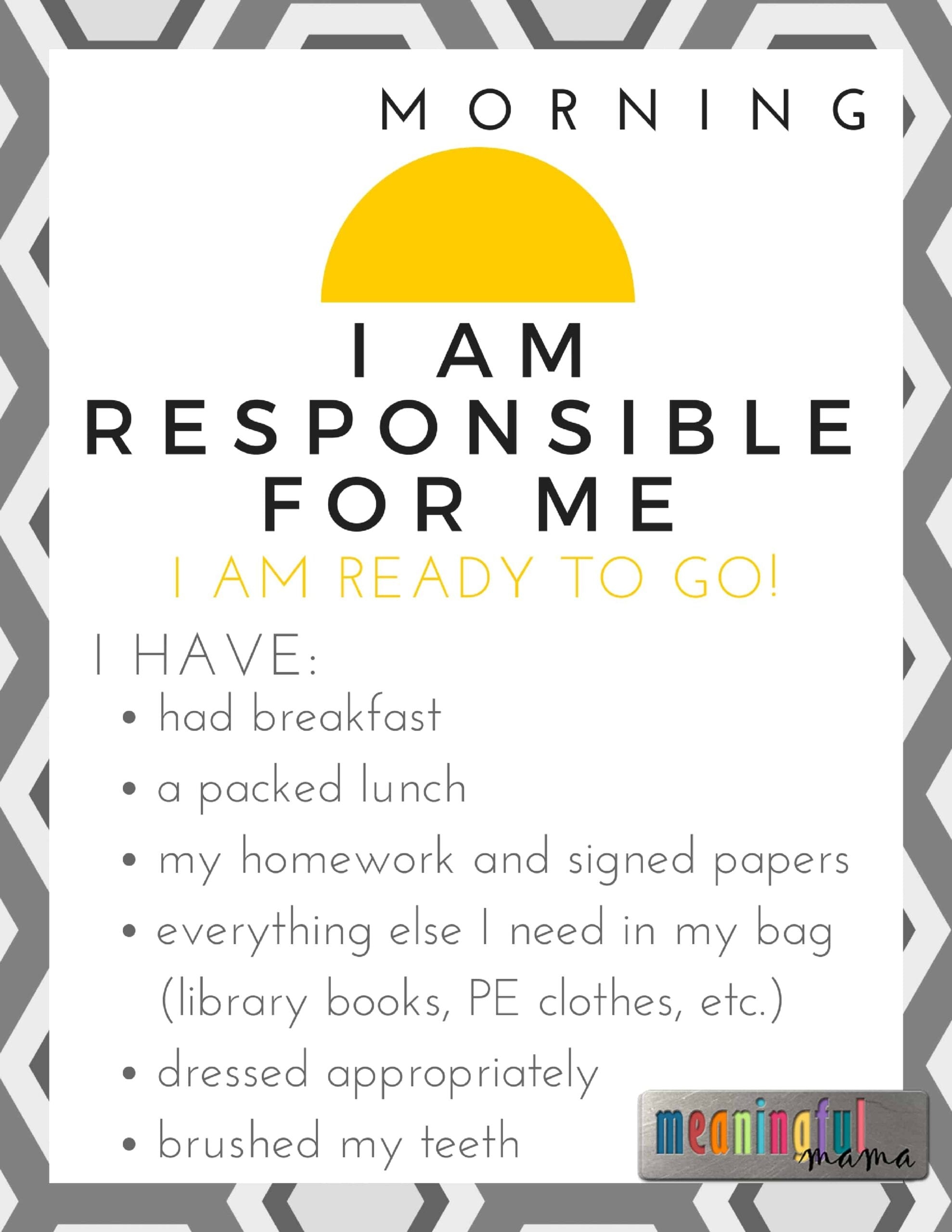 I Am Responsible For Me Printable For Teaching Kids Responsibility