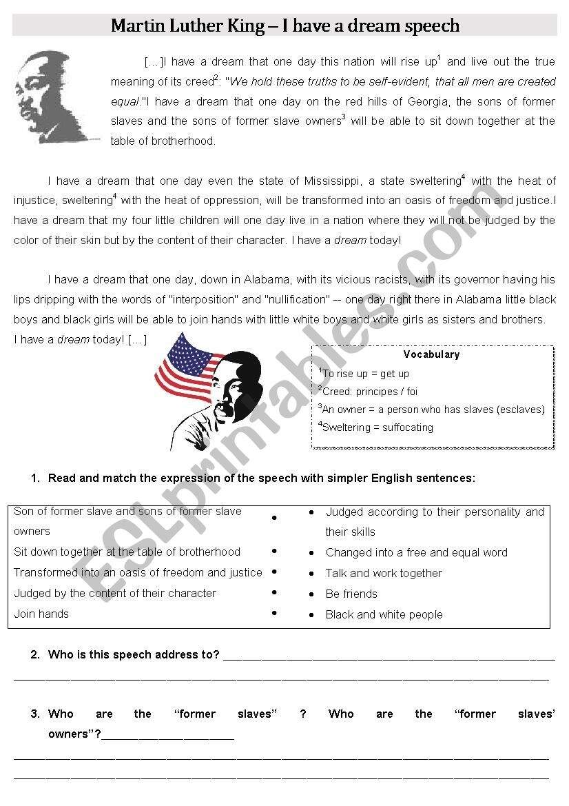 I Have A Dream Martin Luther King S Speech ESL Worksheet By Deerhelene