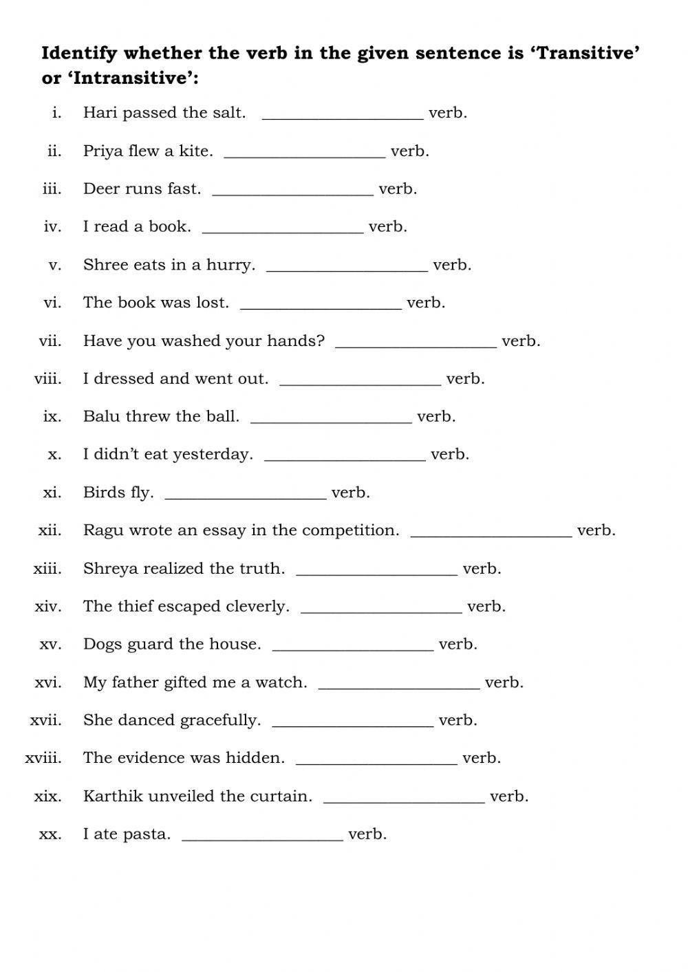 Identify Whether The Given Verb Is Transitive Or Intransitive Worksheets Library