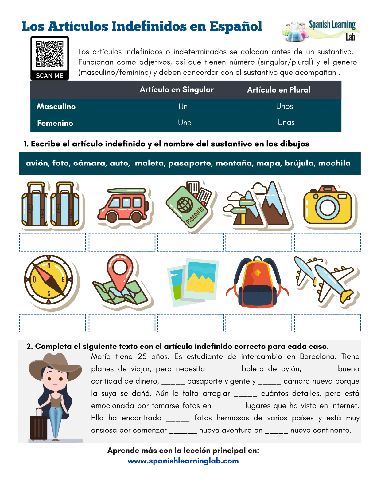 Indefinite Articles In Spanish PDF Worksheet Spanish Learning Lab