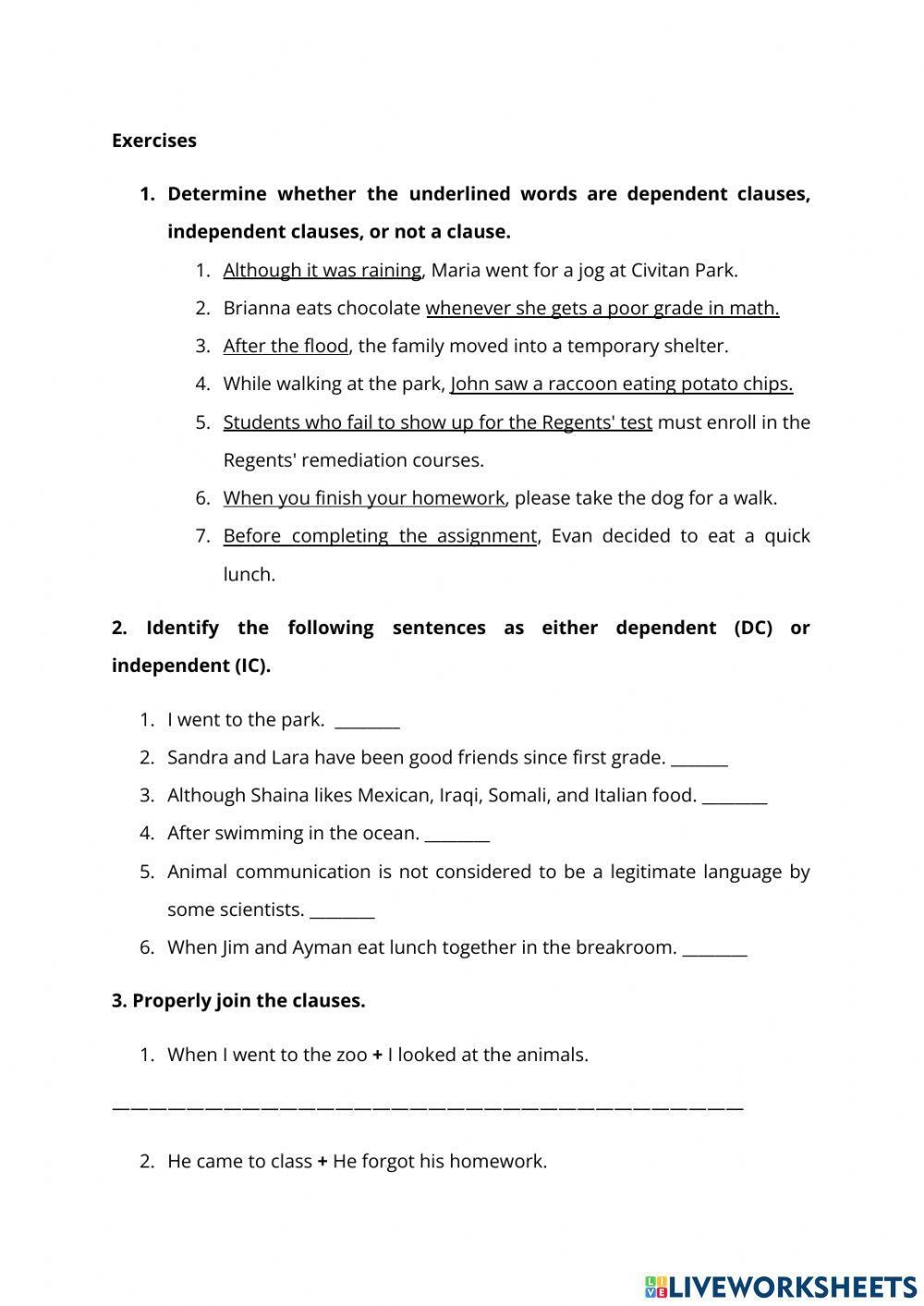 Independent And Dependent Clauses Worksheet Worksheets Library