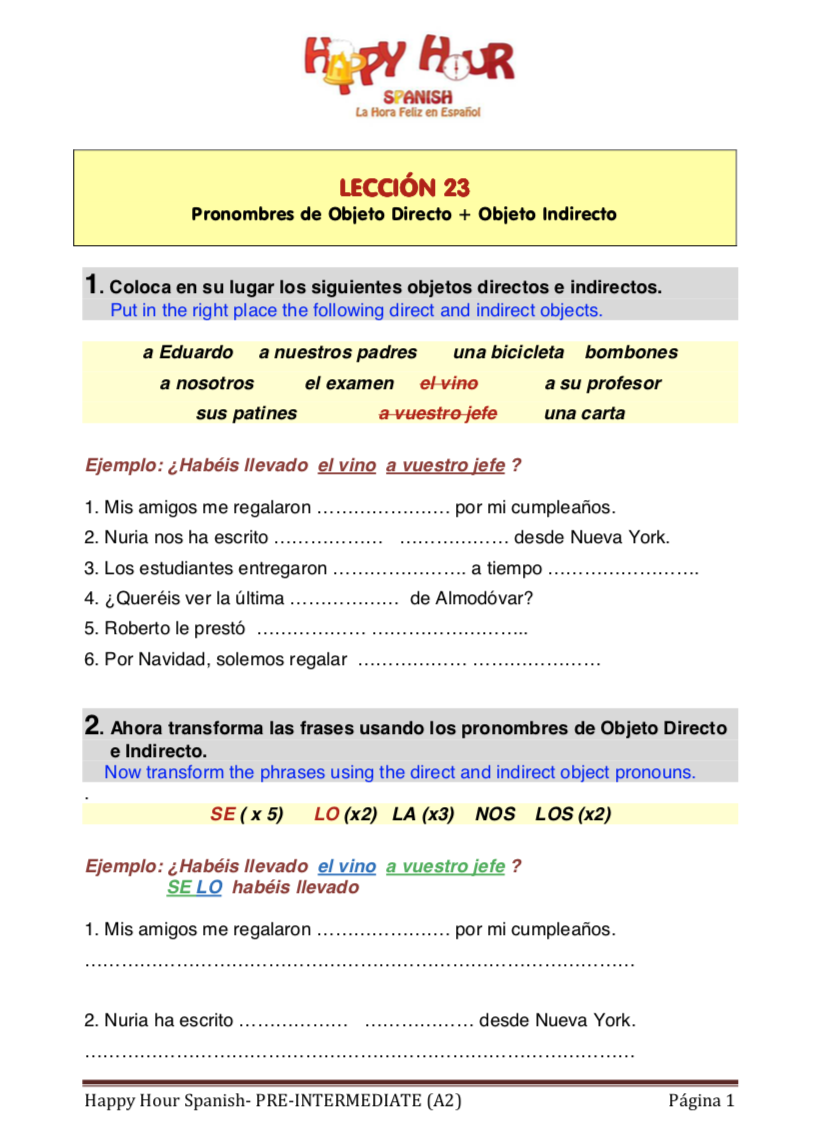 Indirect Direct Object Pronouns Worksheet Happy Hour Spanish Worksheets Library