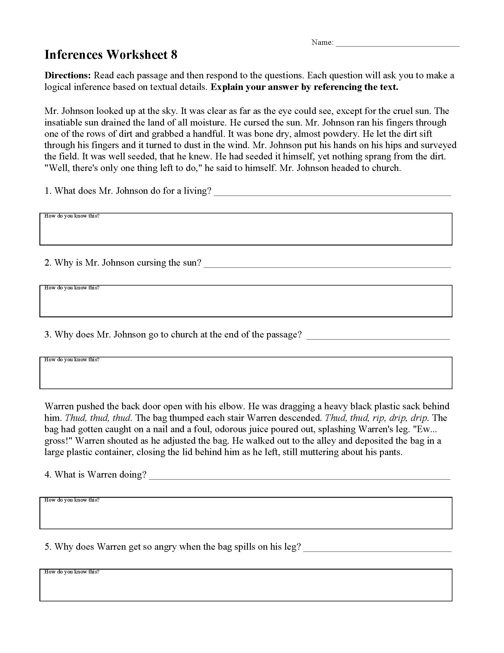 Inferences Worksheet 8 Reading Activity Eighth Grade Reading Worksheets Vocabulary Fluency Practice