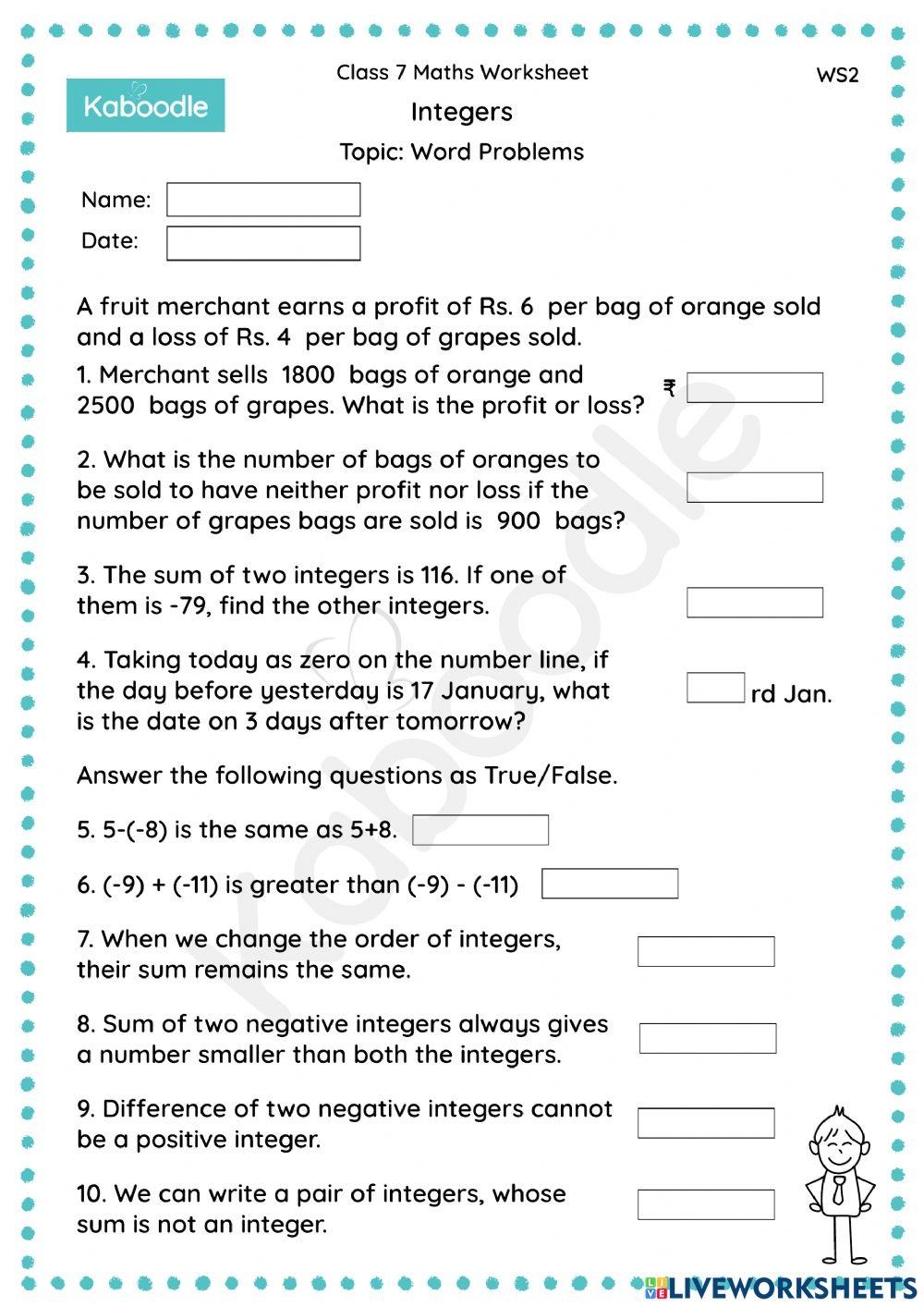Integers Word Problems Interactive Worksheet Worksheets Library
