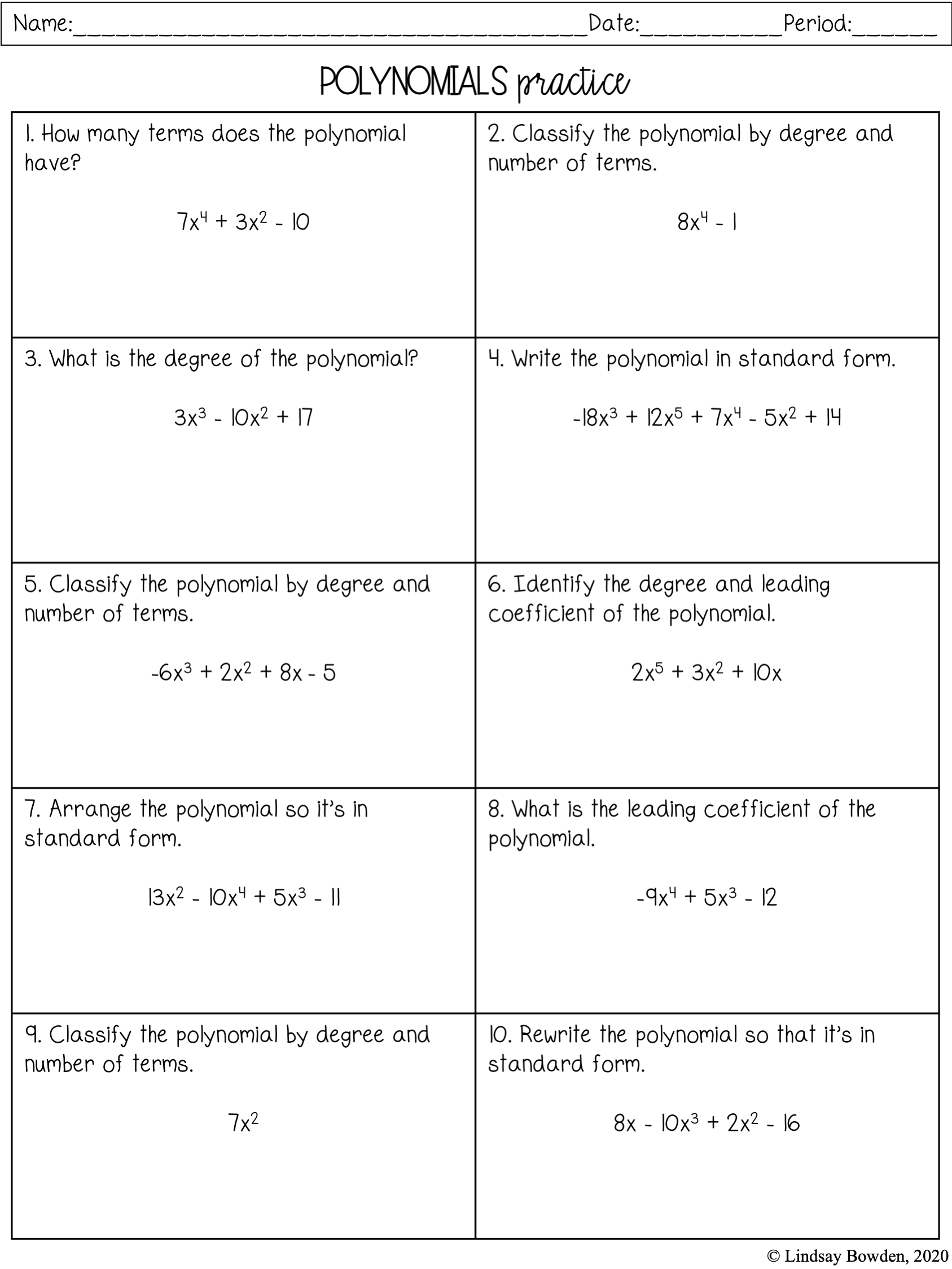 Intro To Polynomials Notes And Worksheets Lindsay Bowden Worksheets Library