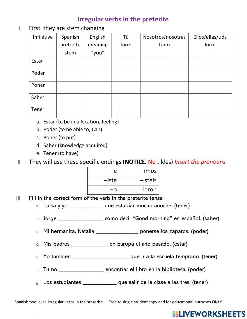 Preterite Irregulares Worksheet WordMint