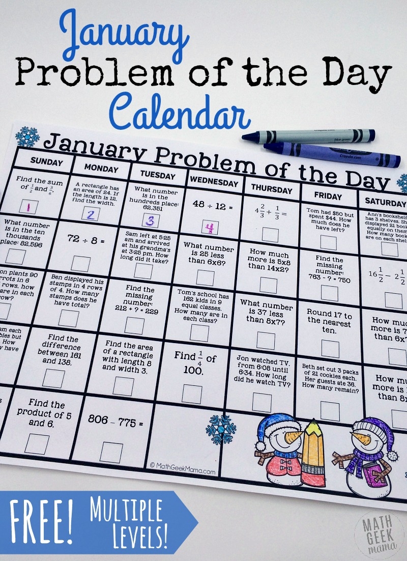 January 2026 Problem Of The Day Calendars FREE Math Geek Mama