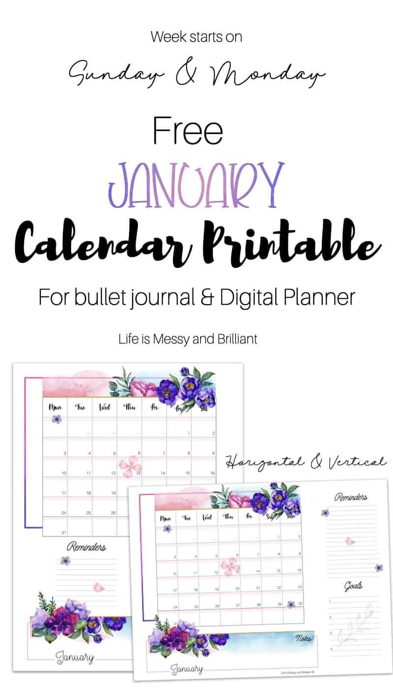 January Calendar Printable January Bullet Journal Calendar
