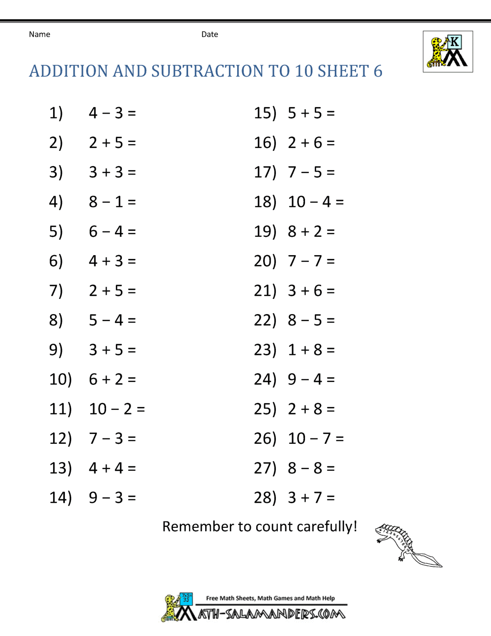 Kindergarten Addition And Subtraction Worksheets