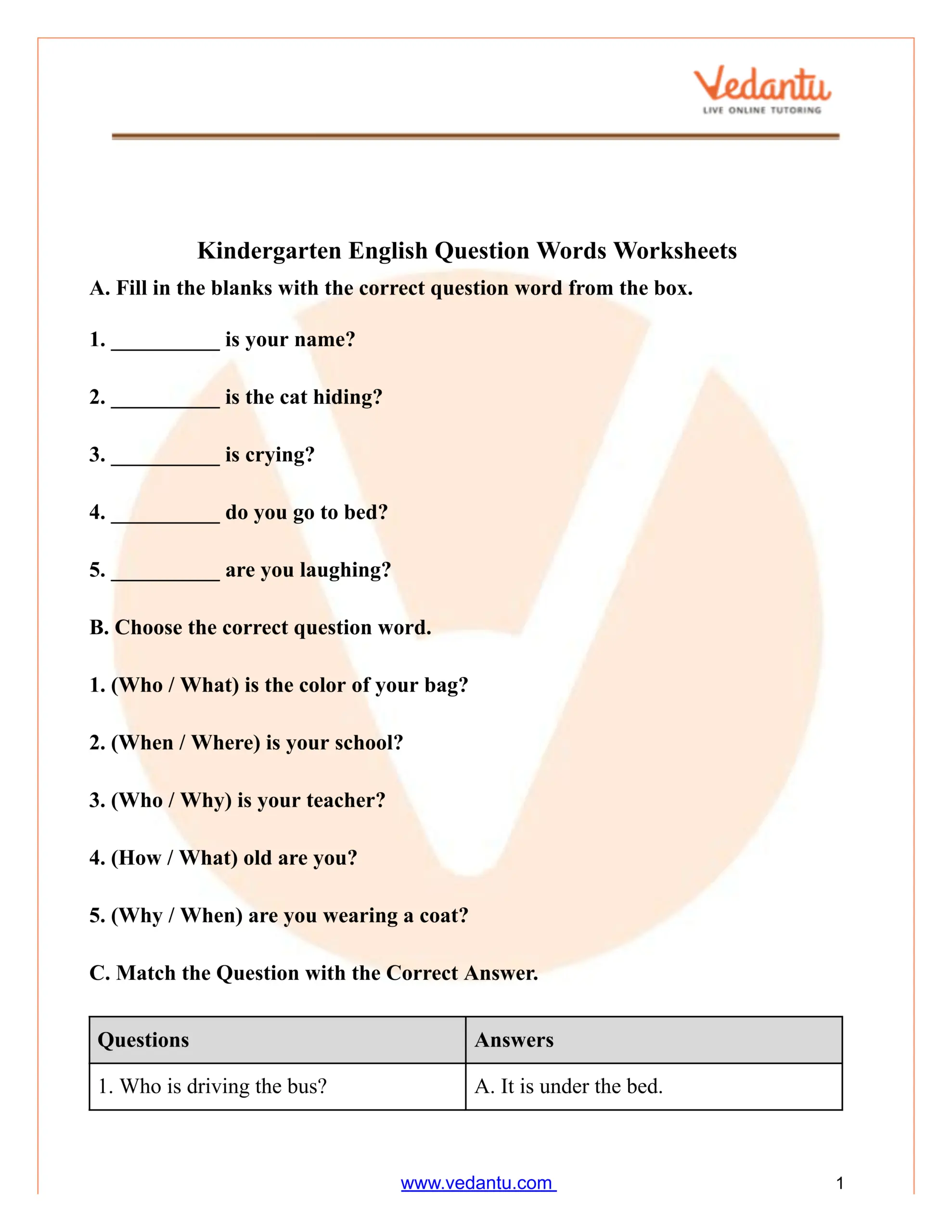 Kindergarten Question Words Worksheet Free Printable PDF