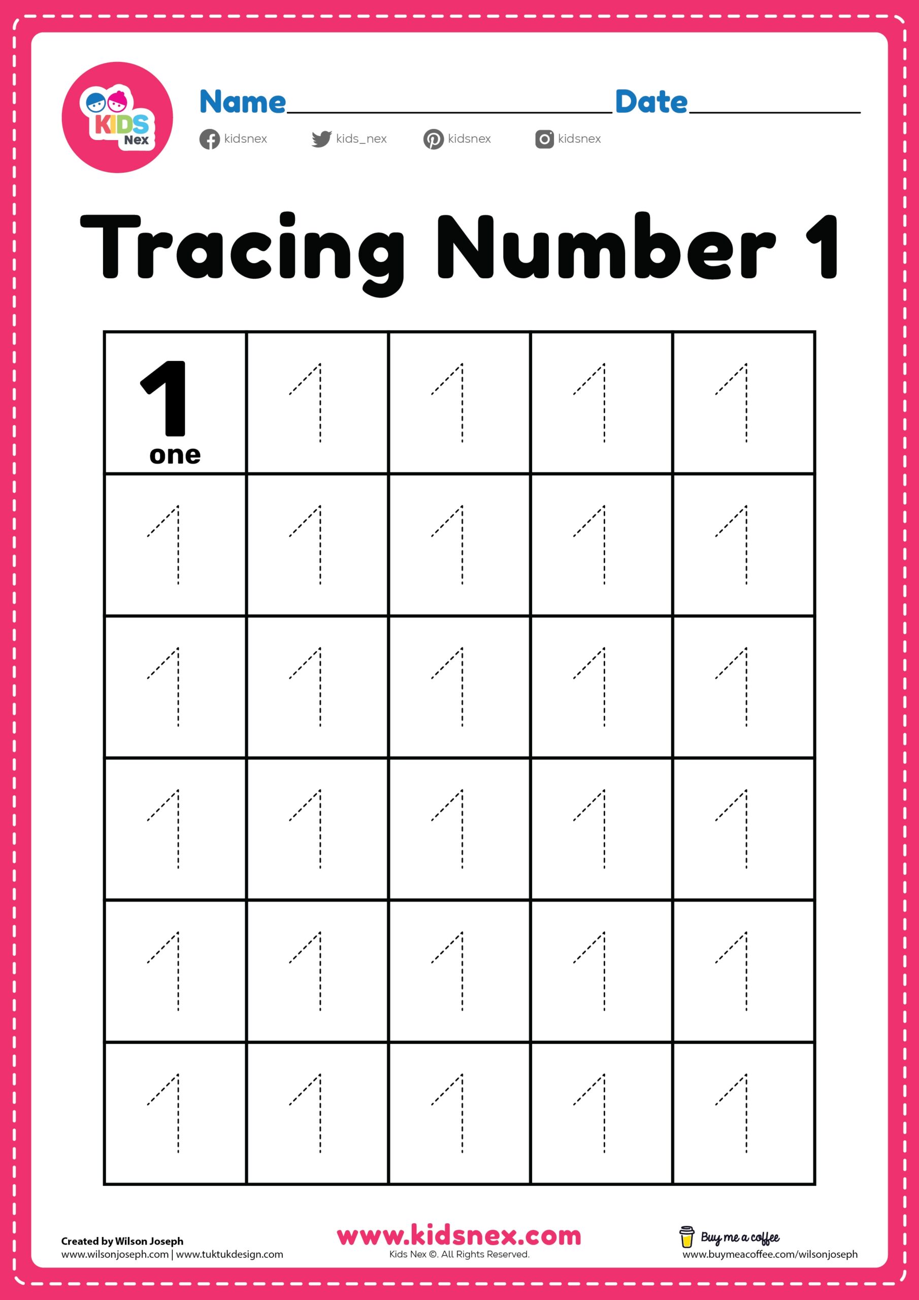 Kindergarten Tracing Number 1 Worksheet Free PDF Printable