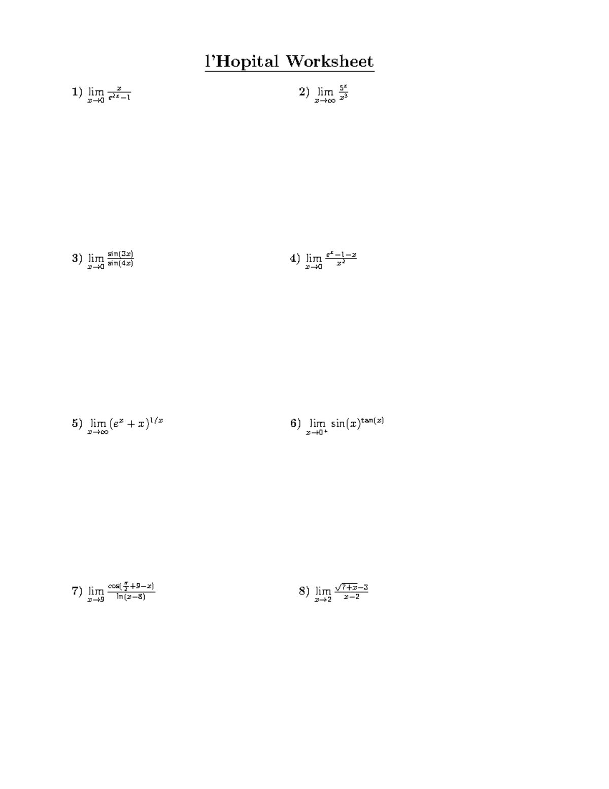 L H Pital S Rule Worksheet Calculus Review Studocu