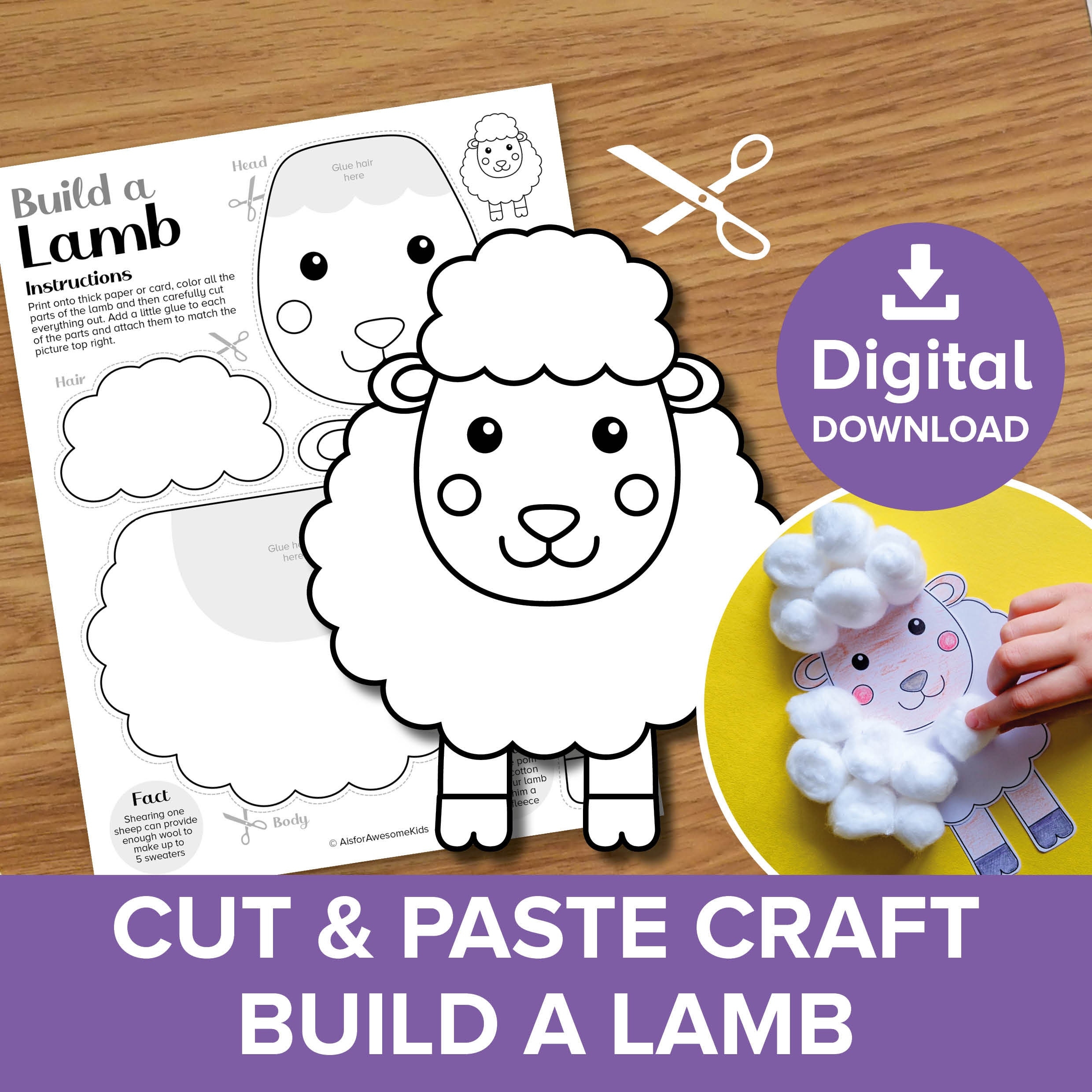 Lamb Cut Paste Craft Printable Build A Sheep Coloring Spring Baby Farm Animals Educational Easter Model Making Cotton Wool Activity Art Etsy