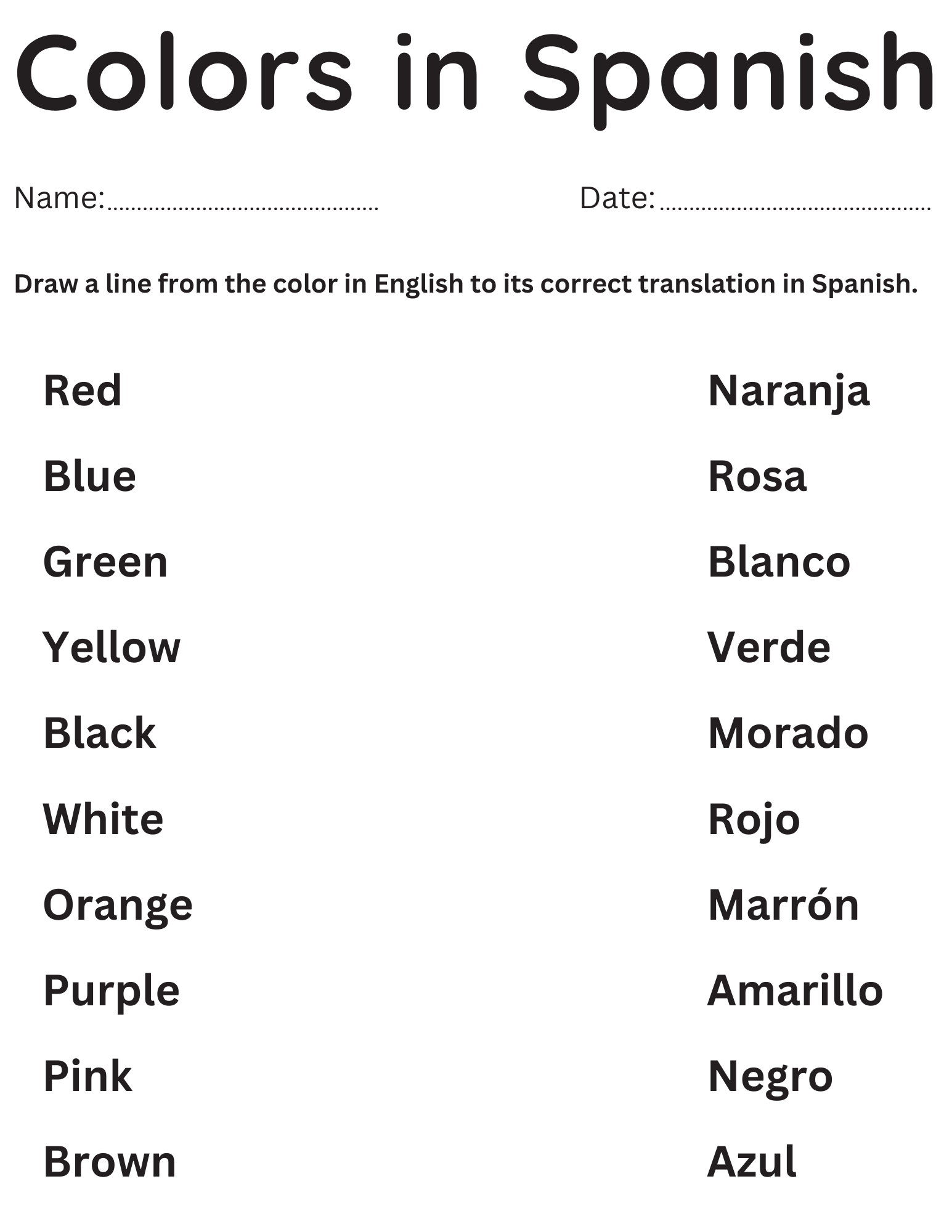Spanish Colors Vocabulary Matching Worksheet Answer Key Made By Teachers