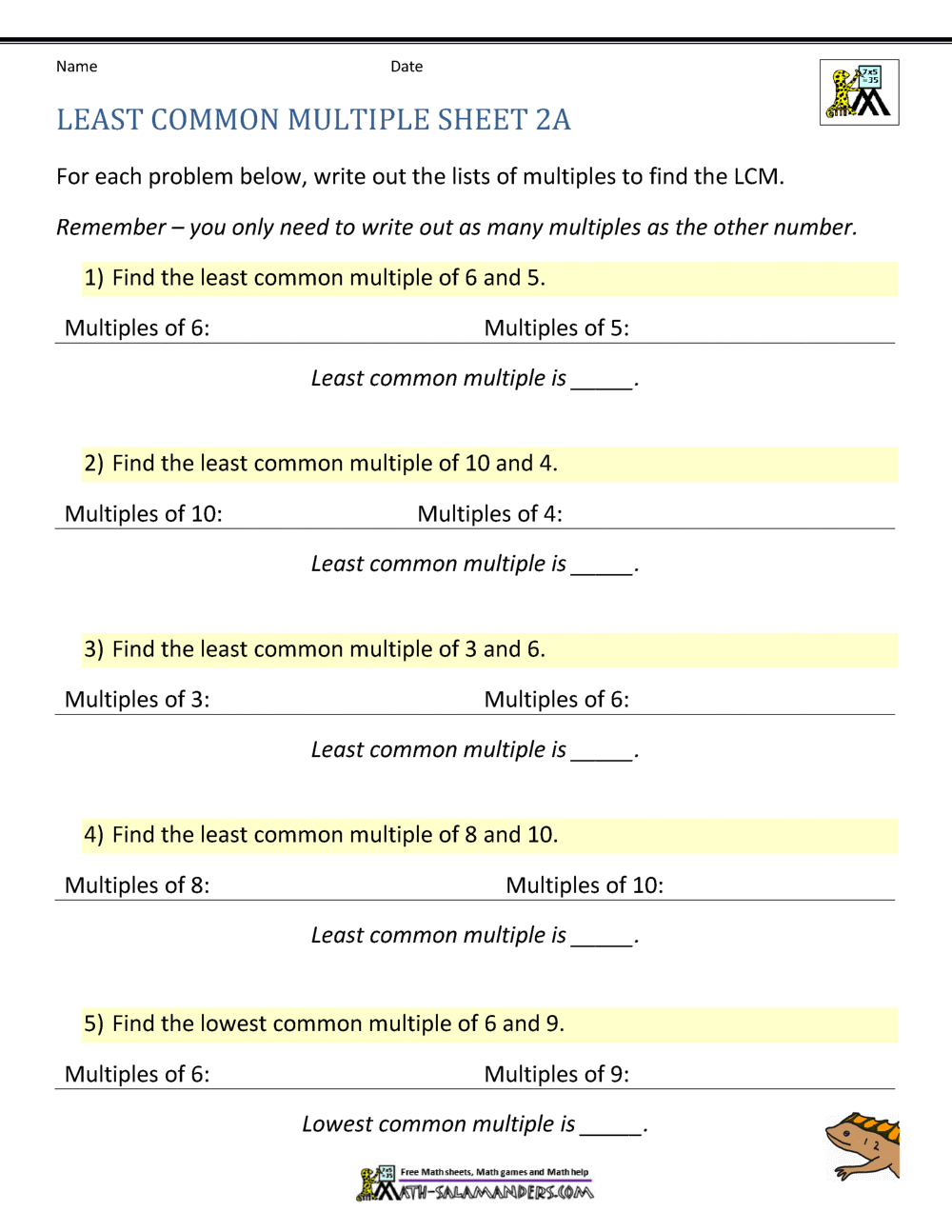 Least Common Multiple Worksheets Page
