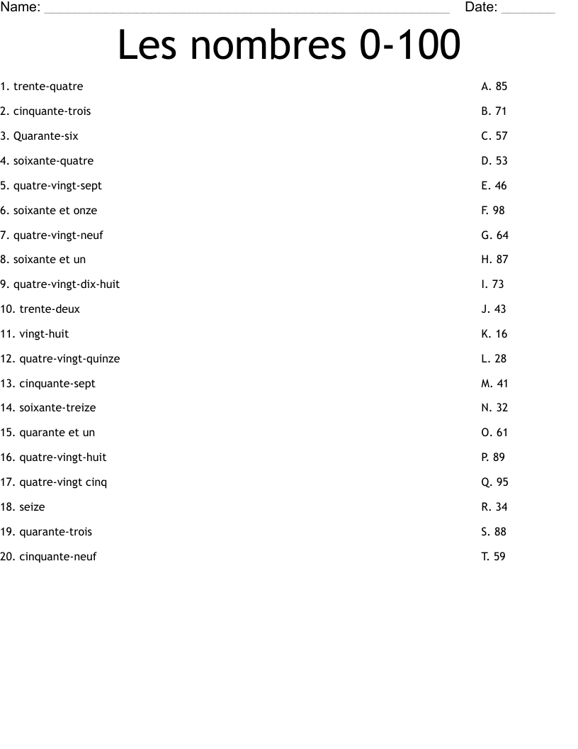 Les Nombres 0 100 Worksheet WordMint French Numbers 1 100 10 Free PDF Printables Printablee