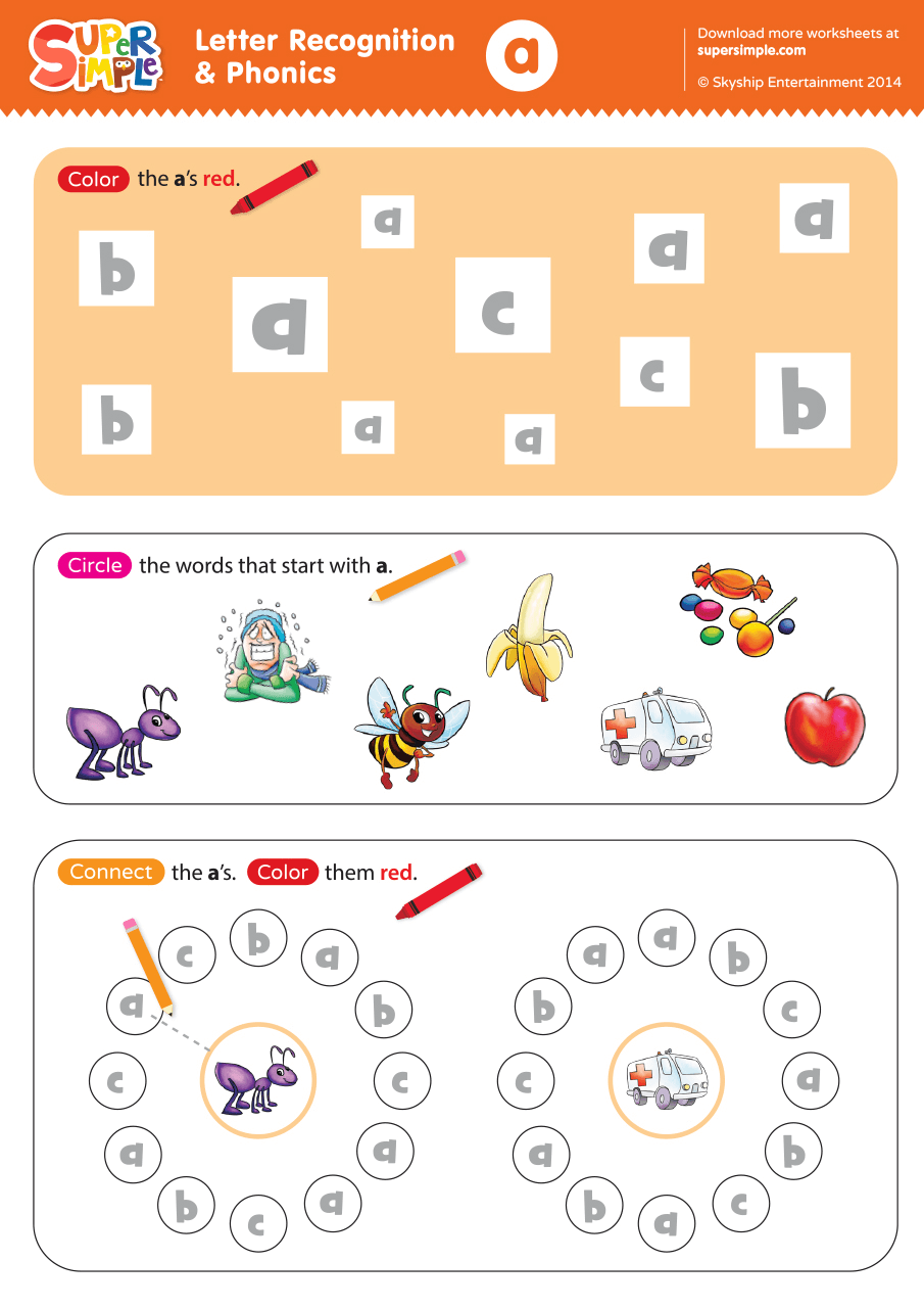 Letter Recognition Phonics Worksheet A Lowercase Super Simple