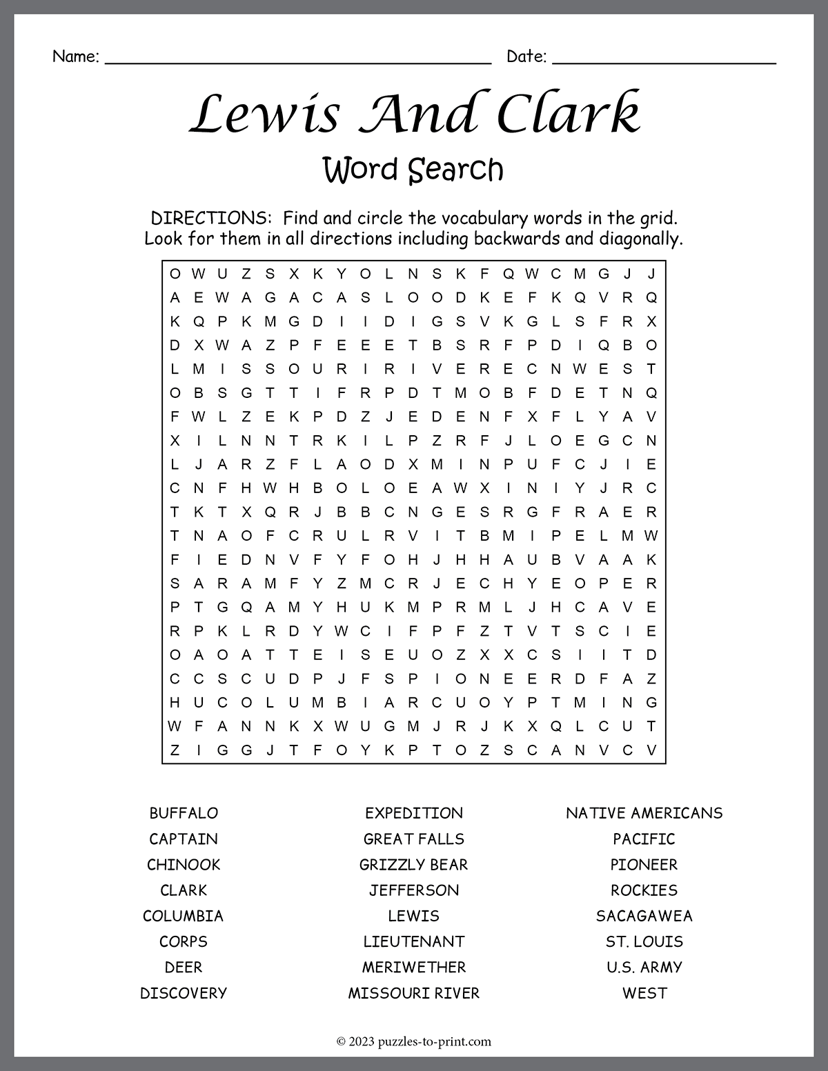 Lewis And Clark Word Search