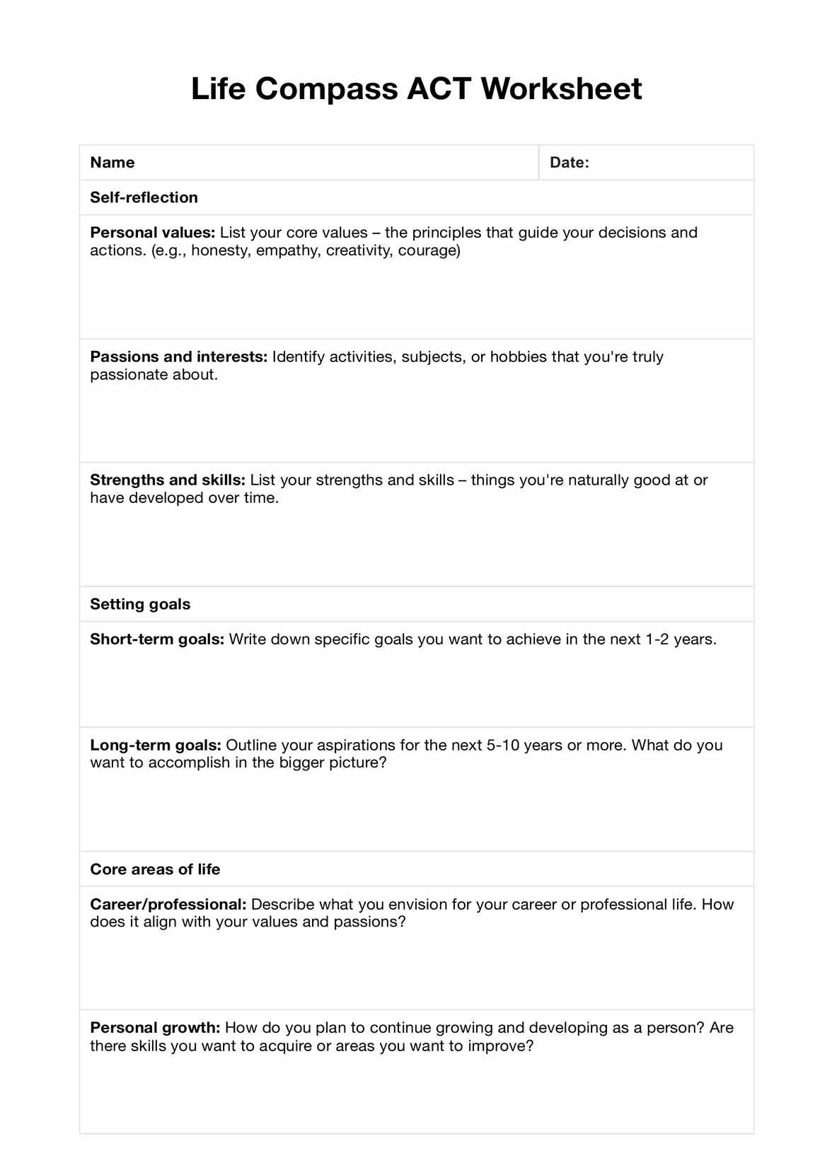 Life Compass ACT Worksheet
