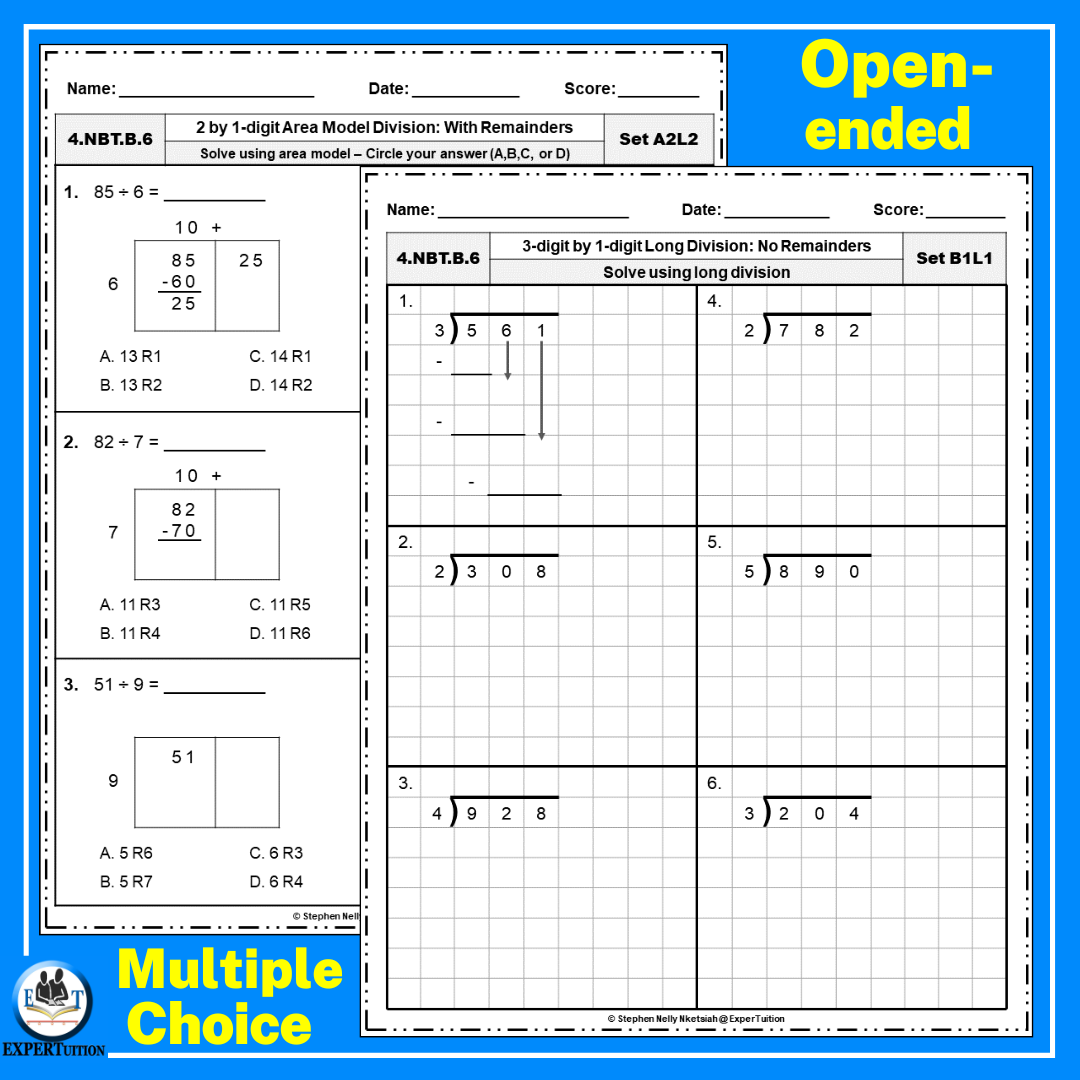 Long Division Area Model Division And Partial Quotients Division Worksheets 1 Digit Divisors 9 In 1 BUNDLE Classful