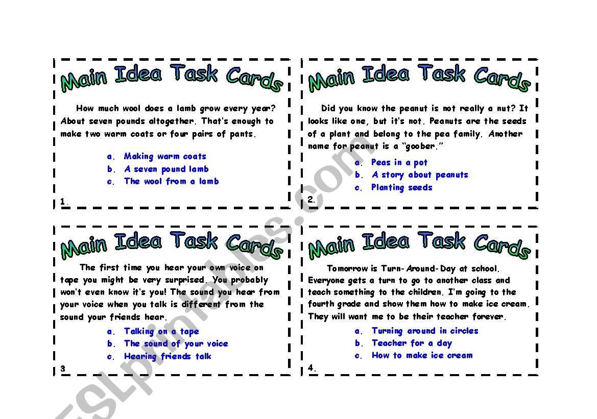 Main Idea Task Cards ESL Worksheet By Amarissa Main Idea Task Cards ESL Worksheet By Amarissa