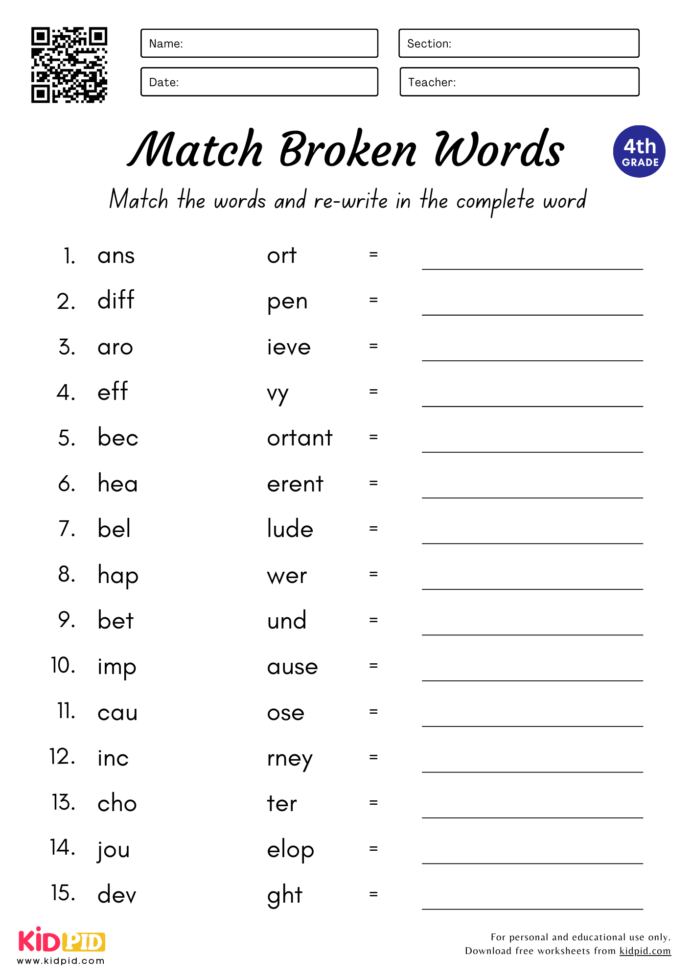 Match And Complete The Words Worksheet For Grade 4 Kidpid Match And Complete The Words Worksheet For Grade 4 Kidpid