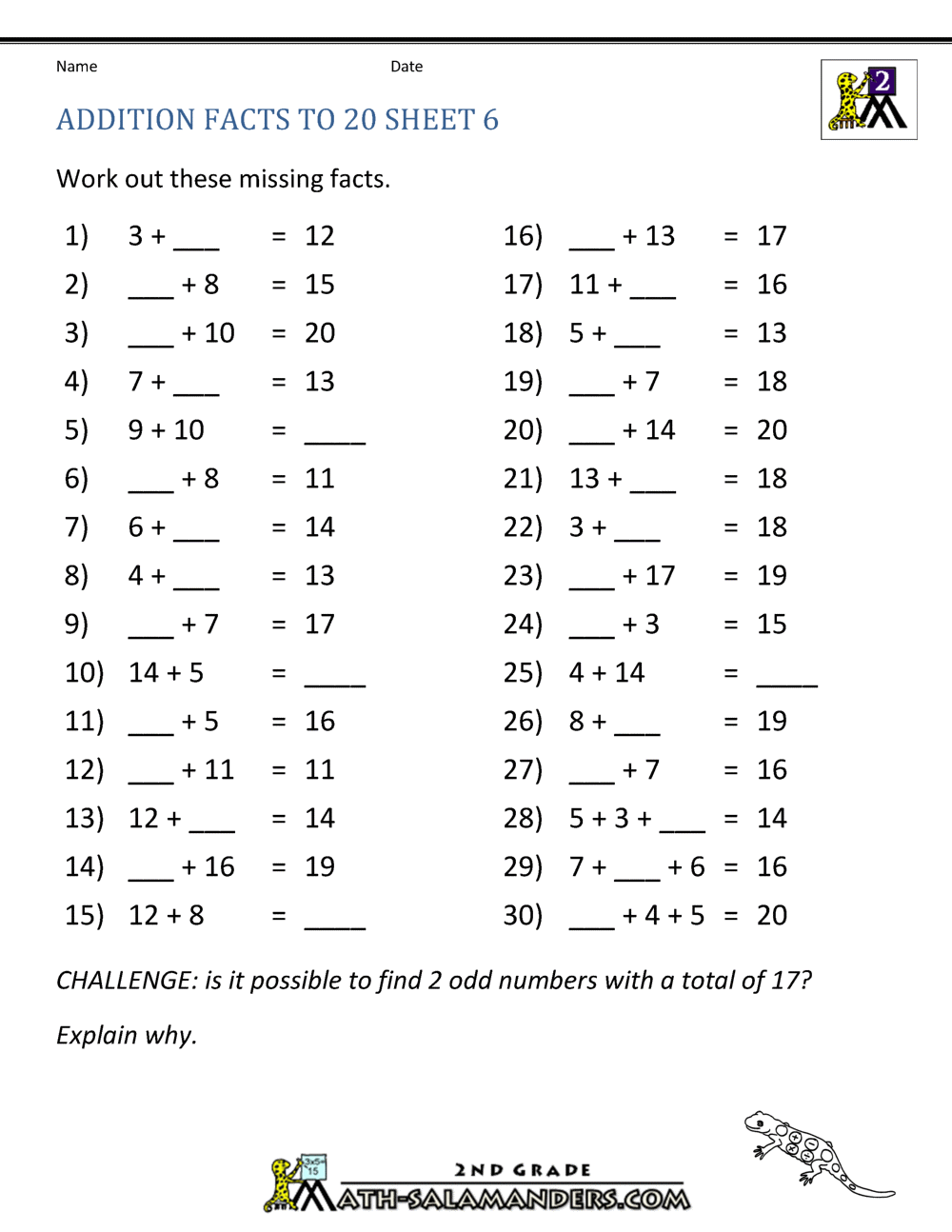 Math Addition Facts To 20 Math Addition Facts To 20