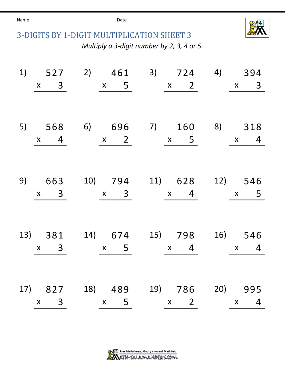 Math Multiplication Worksheets 4th Grade