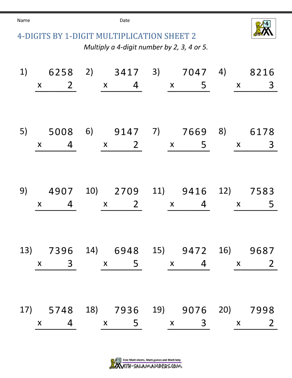 Math Multiplication Worksheets 4th Grade