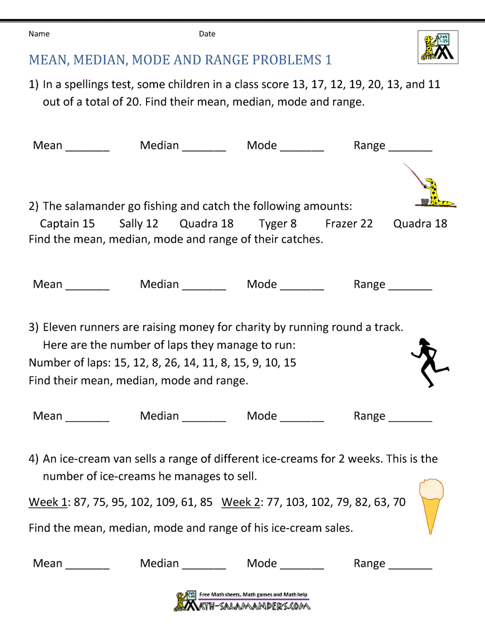 Mean Median Mode Range Worksheets