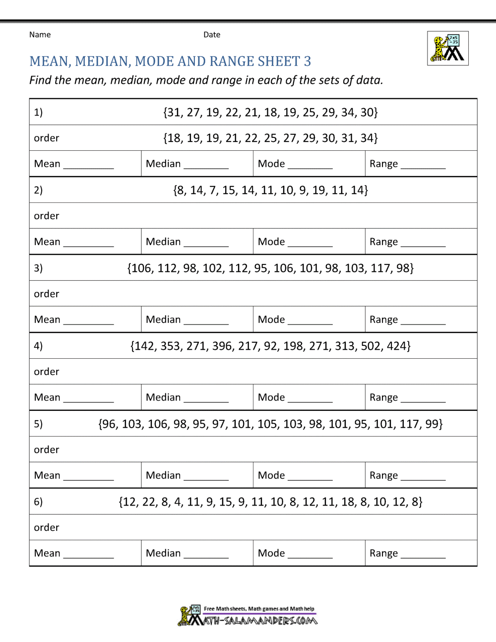 Mean Median Mode Range Worksheets