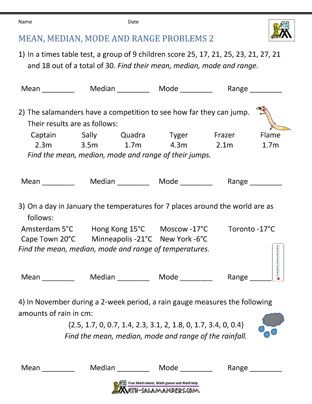 Mean Median Mode Range Worksheets