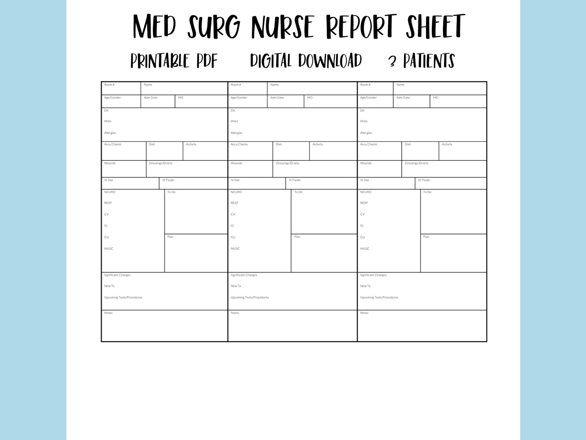 Med Surg Nurse Report Sheet 3 Patient Handoff Template PDF Digital Download Etsy New Zealand