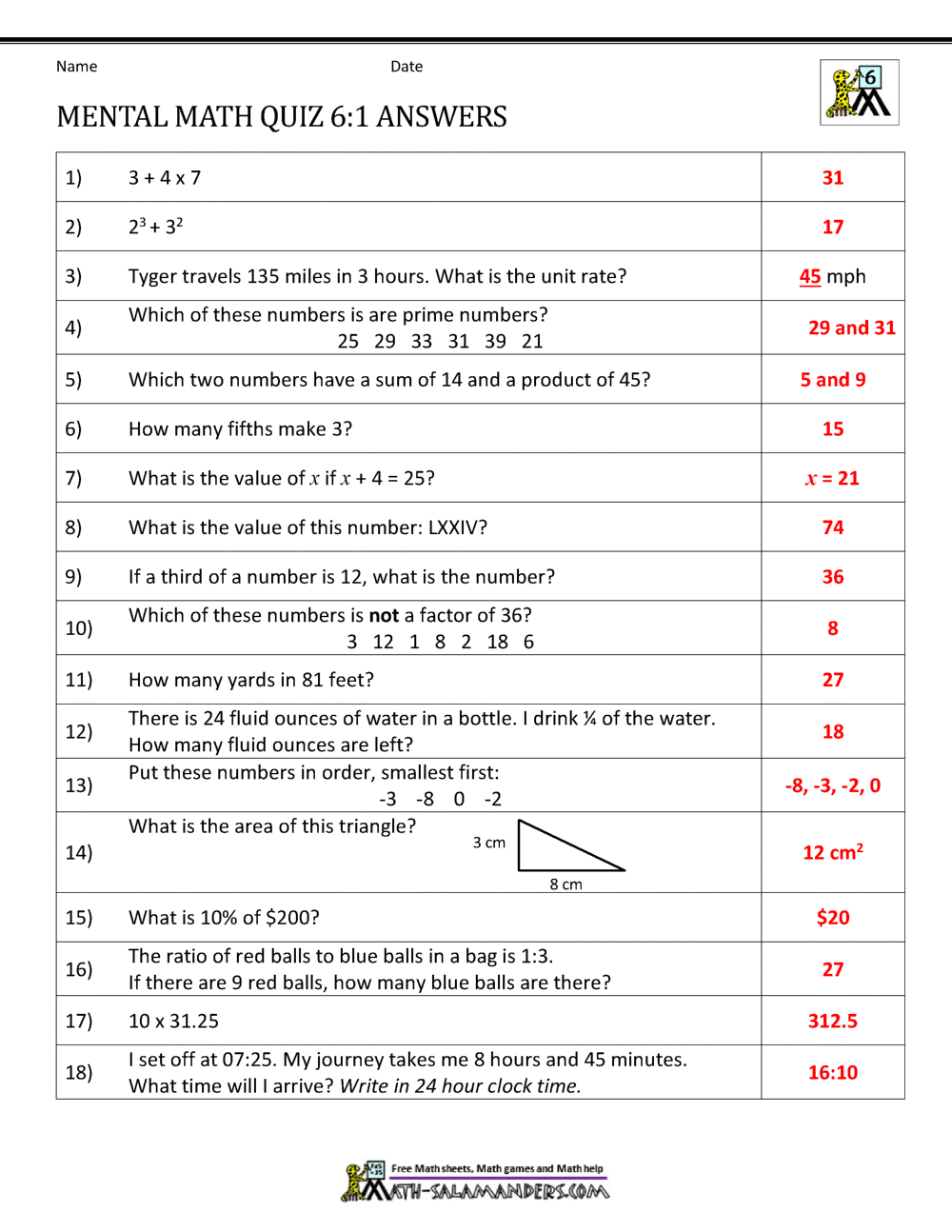 Mental Math 6th Grade