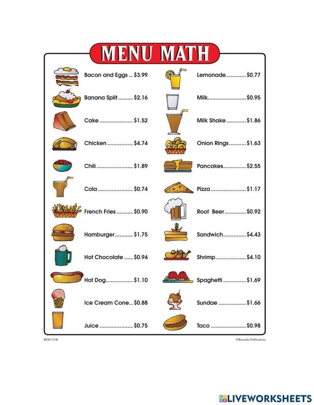 Menu Math Worksheet Worksheets Library Menu Math Worksheet Worksheets Library