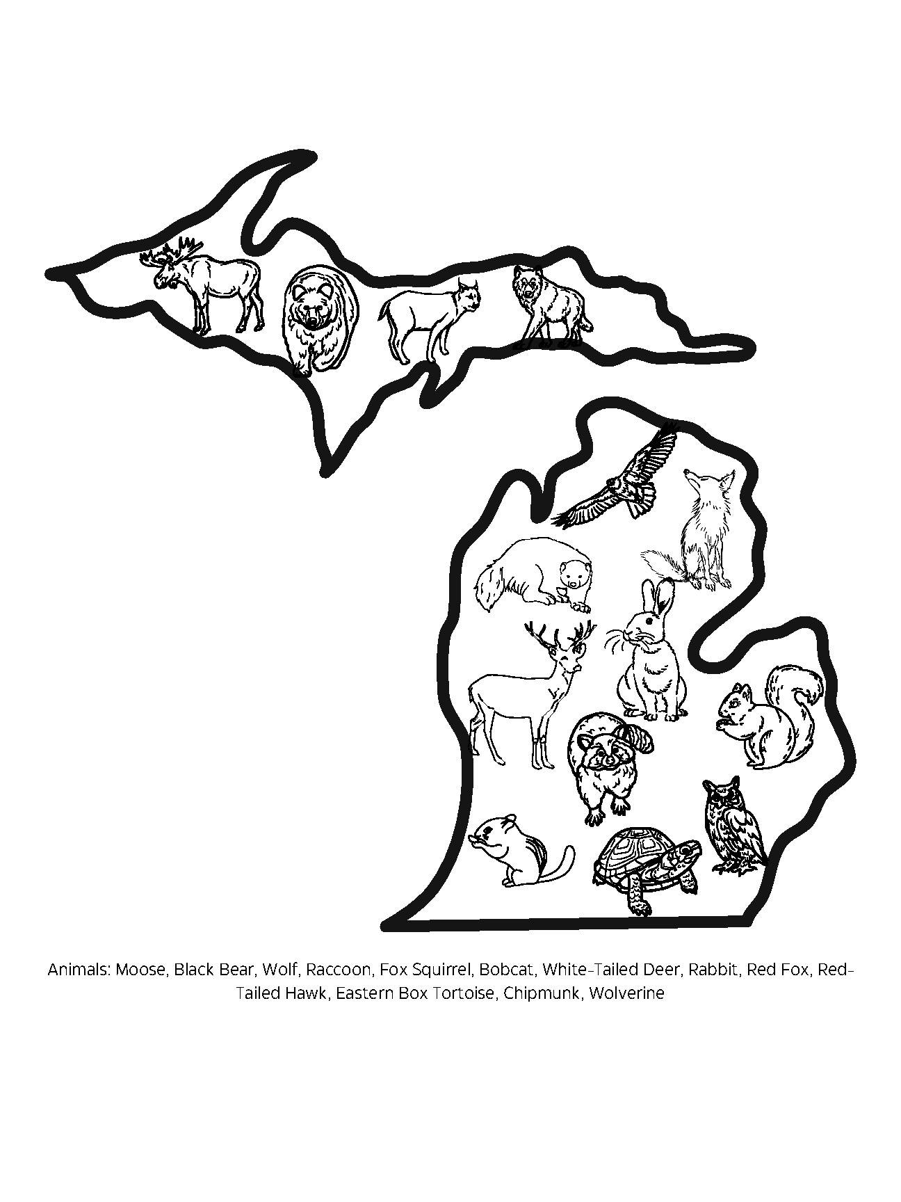 Michigan Map Coloring Page With Animals Explore Wildlife TPT