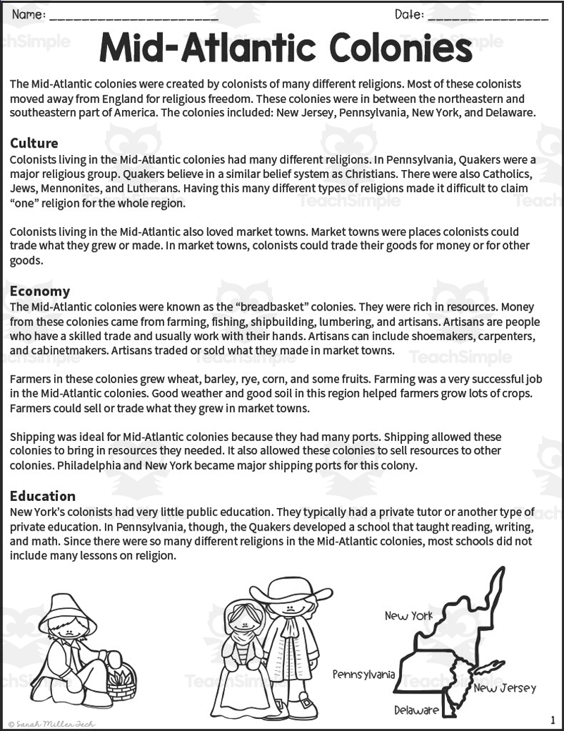 Mid Atlantic Colonies Reading Packet By Teach Simple