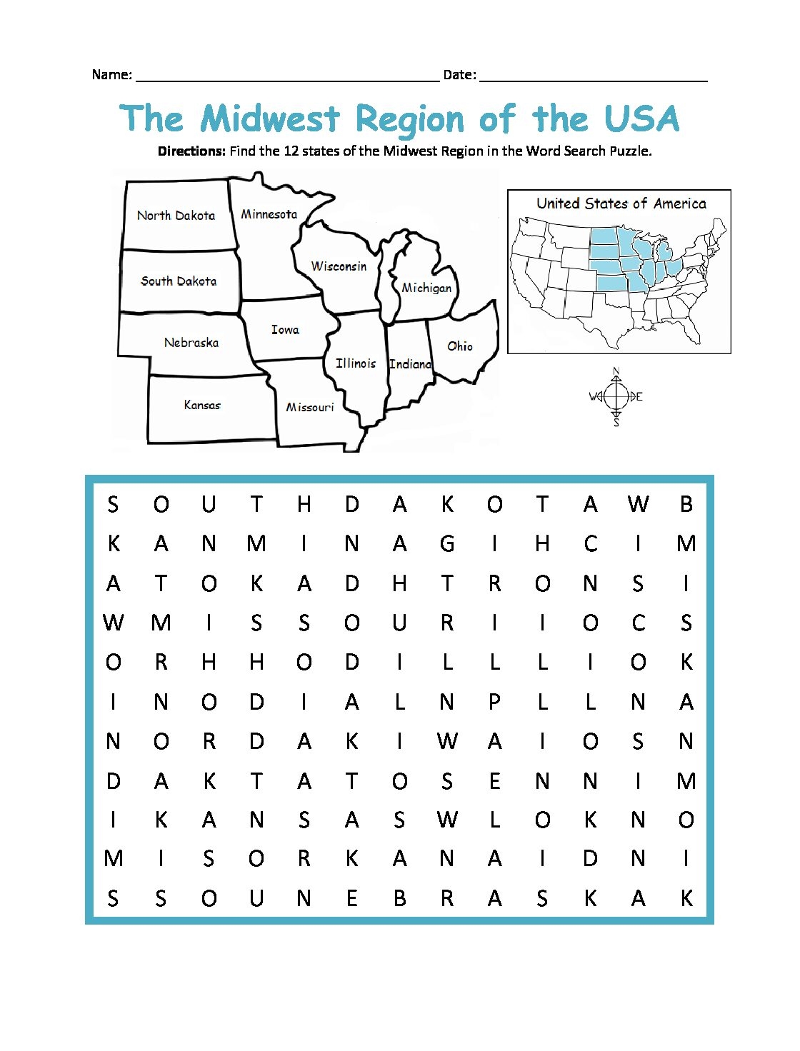 Midwest Region Of The United States Printable Map And Word Search Worksheets Library