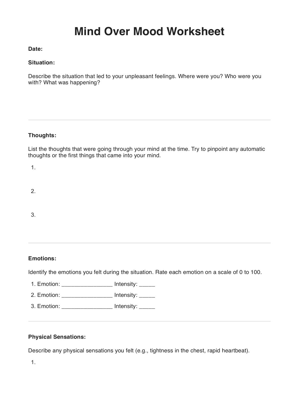 Mind Over Mood Worksheets