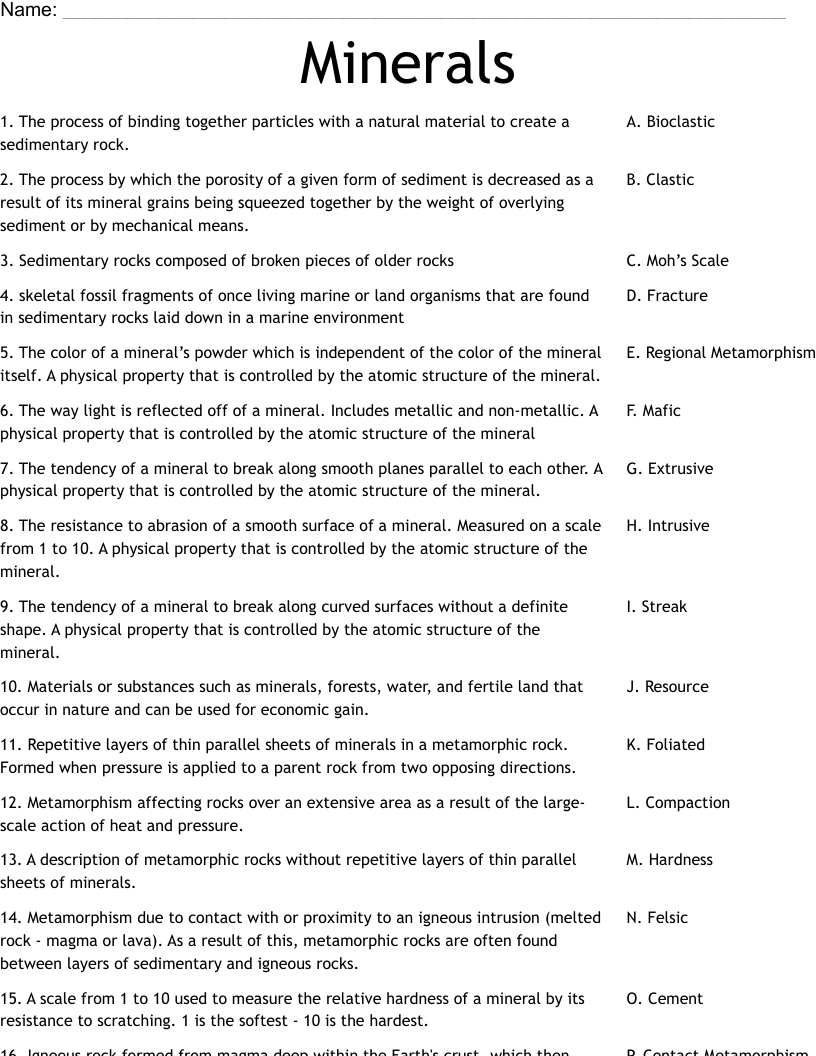 Minerals Worksheet WordMint
