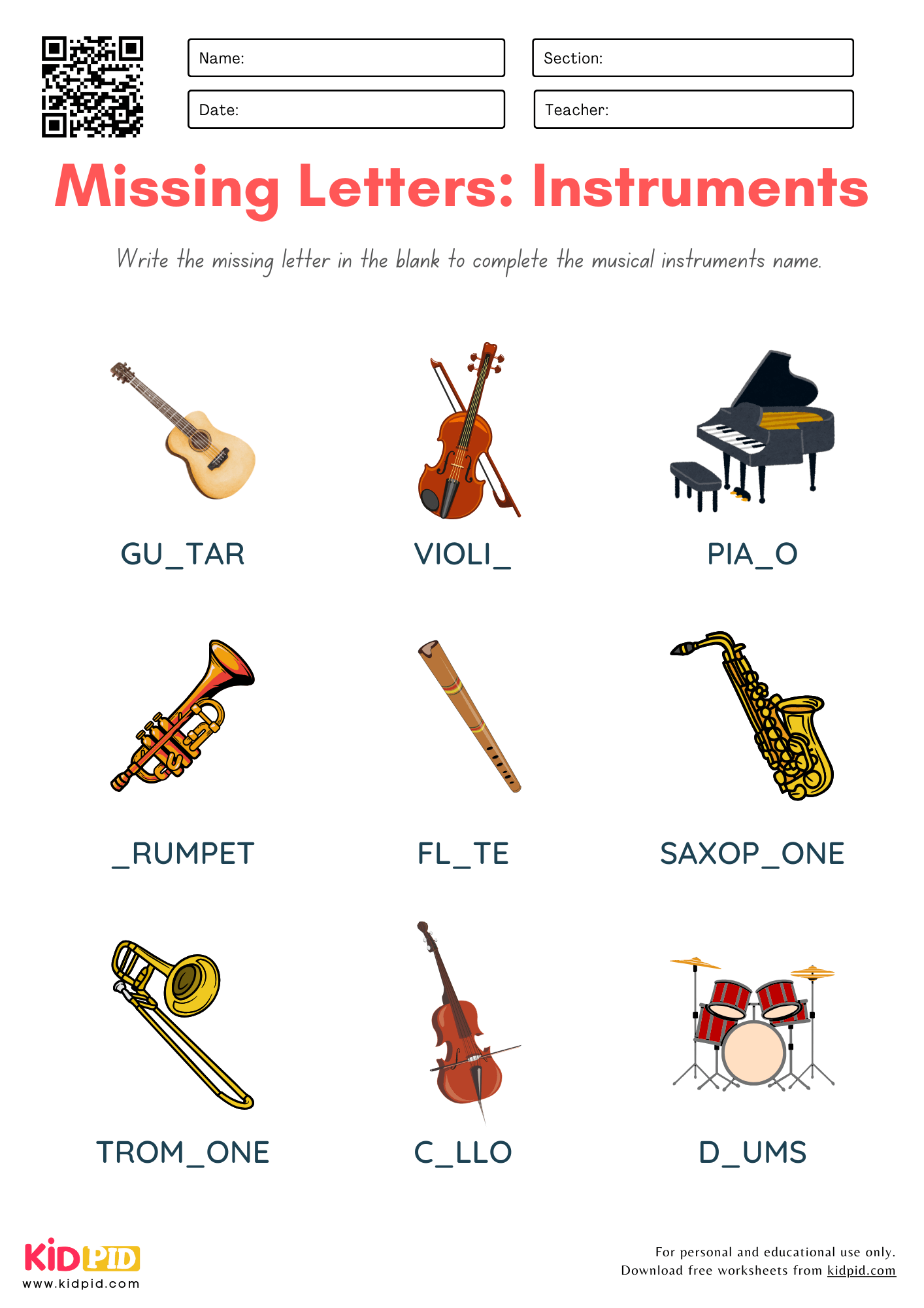 Missing Letters Of Musical Instruments Worksheet For Grade 2 Kidpid