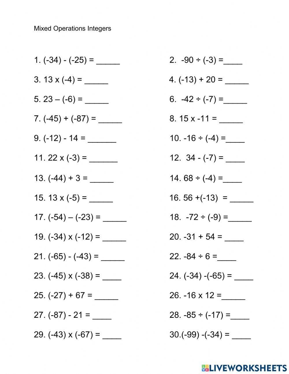 Mixed Operations Integers Worksheet Worksheets Library Mixed Operations Integers Worksheet Worksheets Library