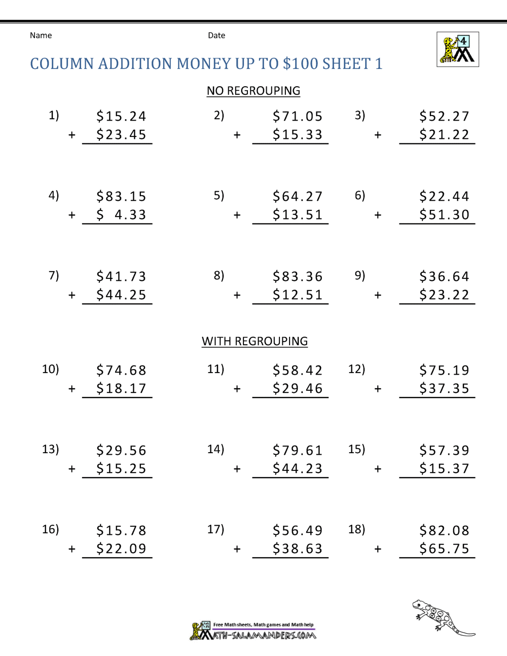 Money Addition Worksheet Collection 4th Grade