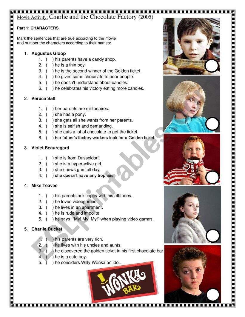 PART 1 4 Charlie The Chocolate Factory Movie Worksheet ESL Worksheet By Agacica