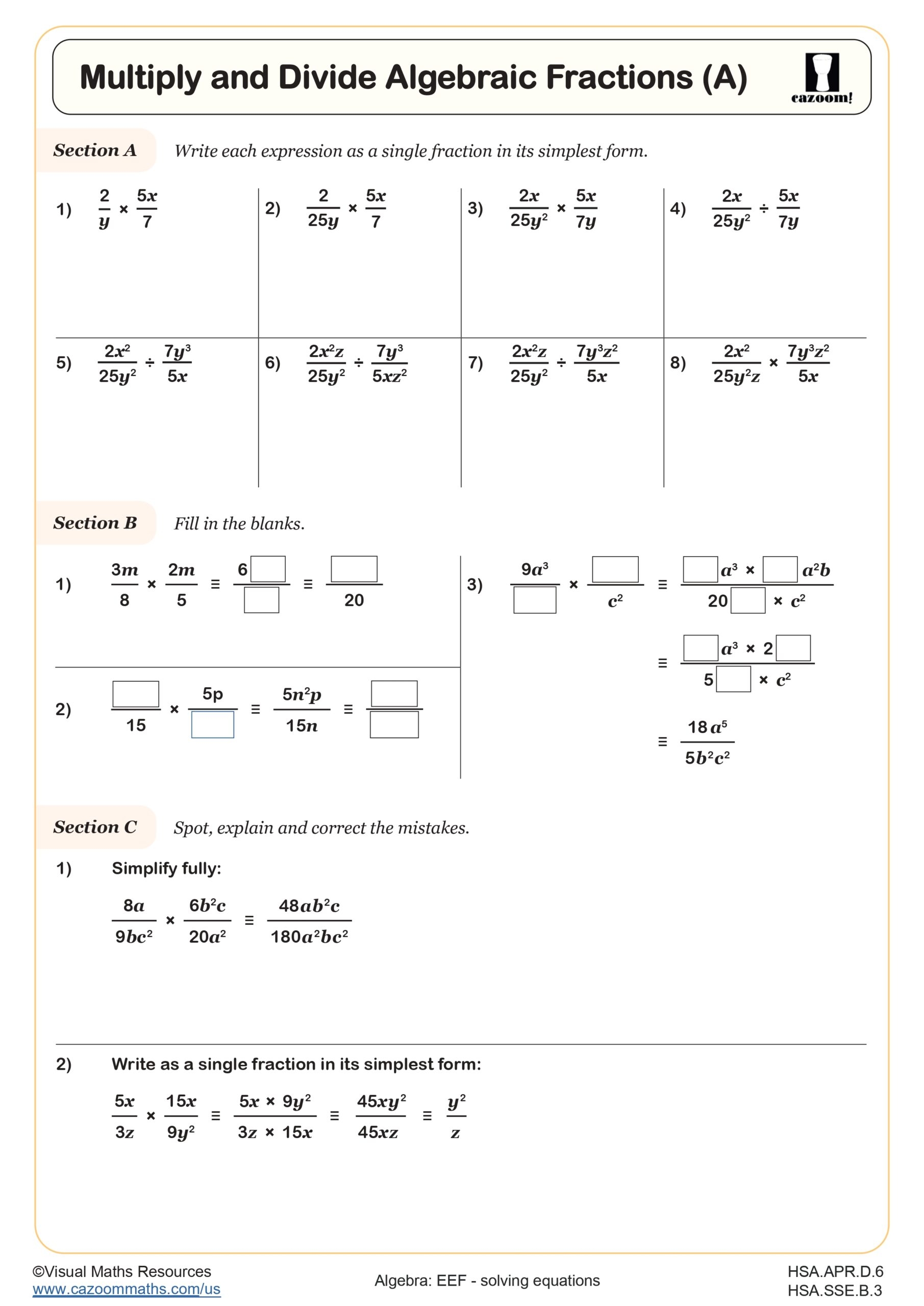 Multiply And Divide Algebraic Fractions A Worksheet Fun And Engaging High School Algebra Worksheet Cazoom Math