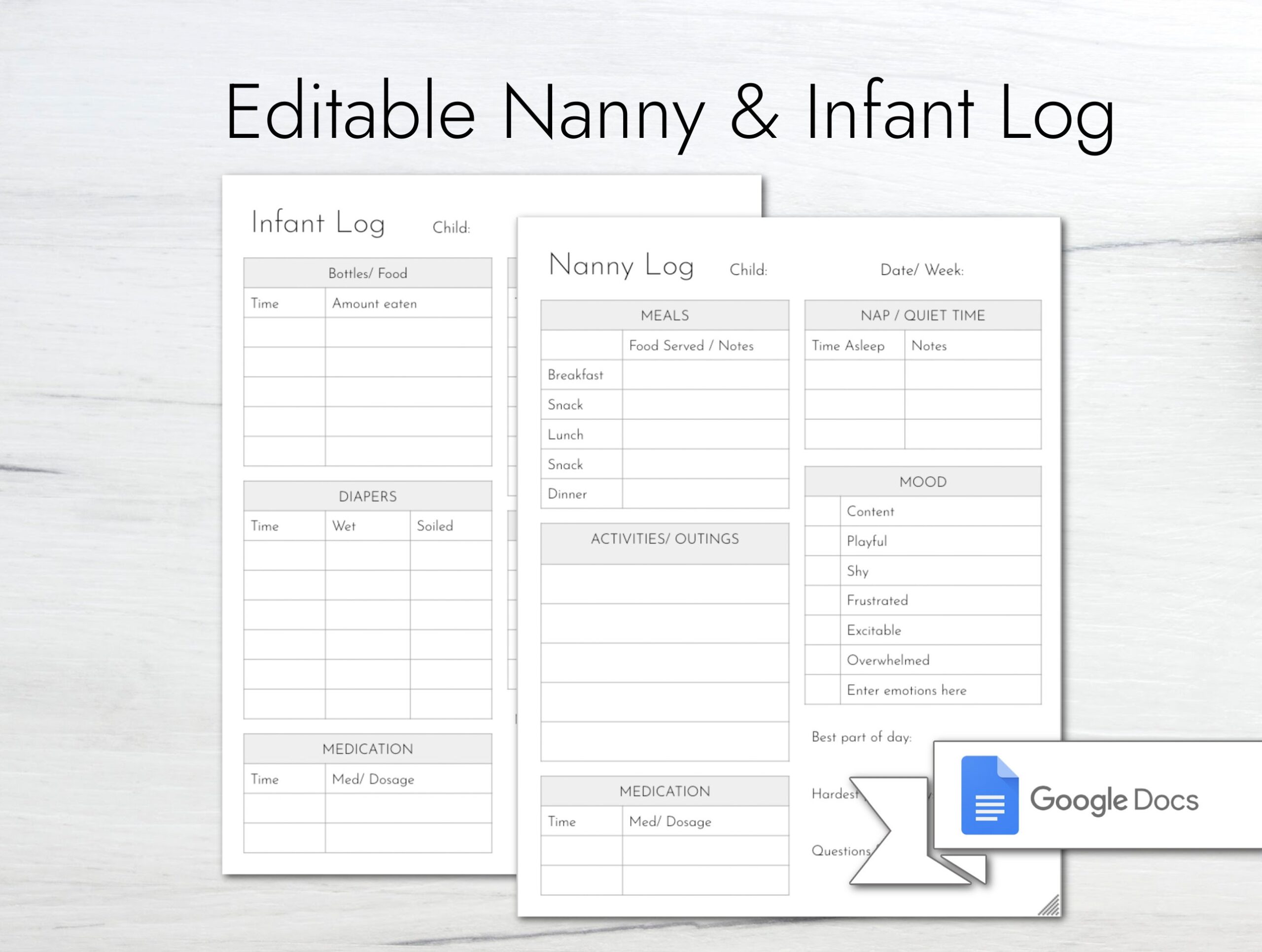 Nanny Notes Nanny Log Editable Template Daycare Report Childcare Log Infant Log Baby Log Instant Download Printable Etsy